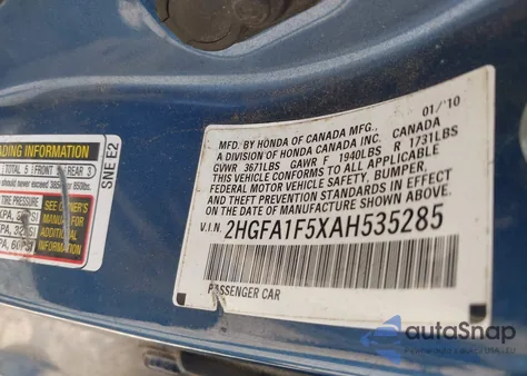 2010 Honda Civic Lx из США, поврежденный, VIN 2HGFA1F5XAH535285